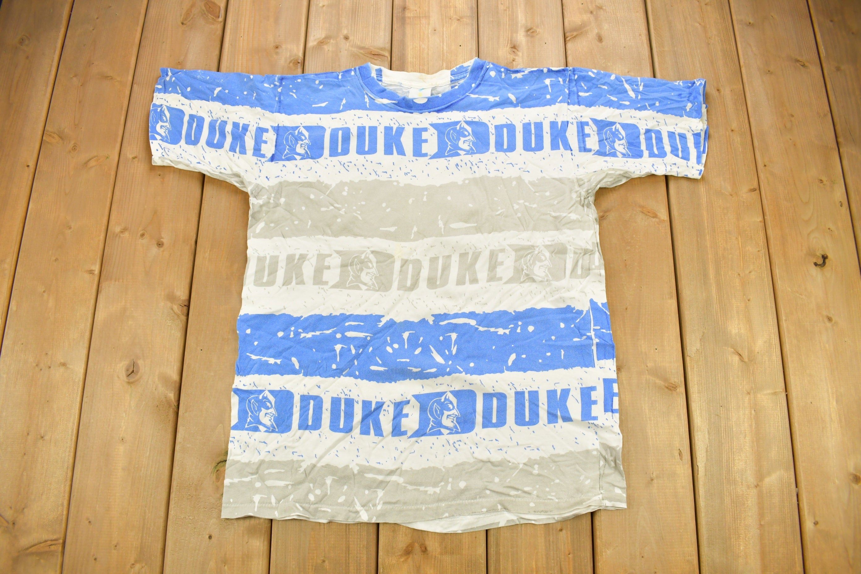 Vintage 1990s Duke University Blue Devils Collegiate T-Shirt  All Over Print  NCAA Tee  Single Stitch  Sportswear  Made In USA
