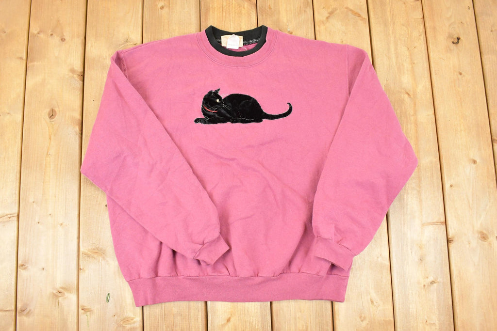 Vintage 1990s Top Stitch Embroidered Black Cat Doubler Collar Crewneck Sweatshirt Men's L