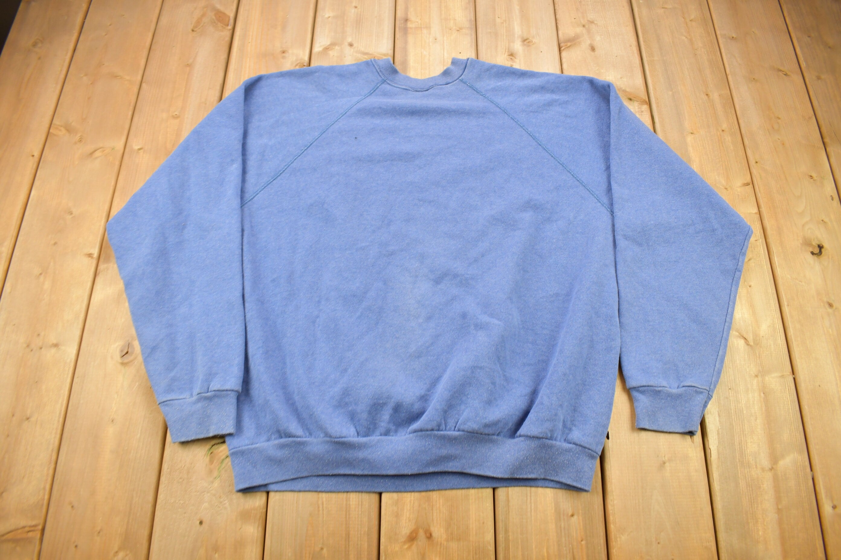 Vintage 1980s Tultex Sun Faded Blue Blank Raglan Crewneck Sweatshirt