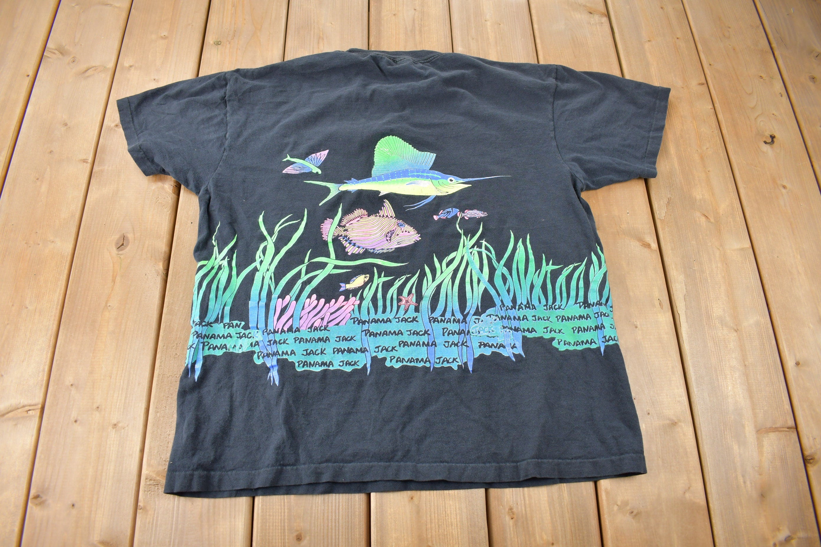 Vintage 1990s Panama Jack Fish Theme Single Stitch Graphic T-Shirt Made In USA