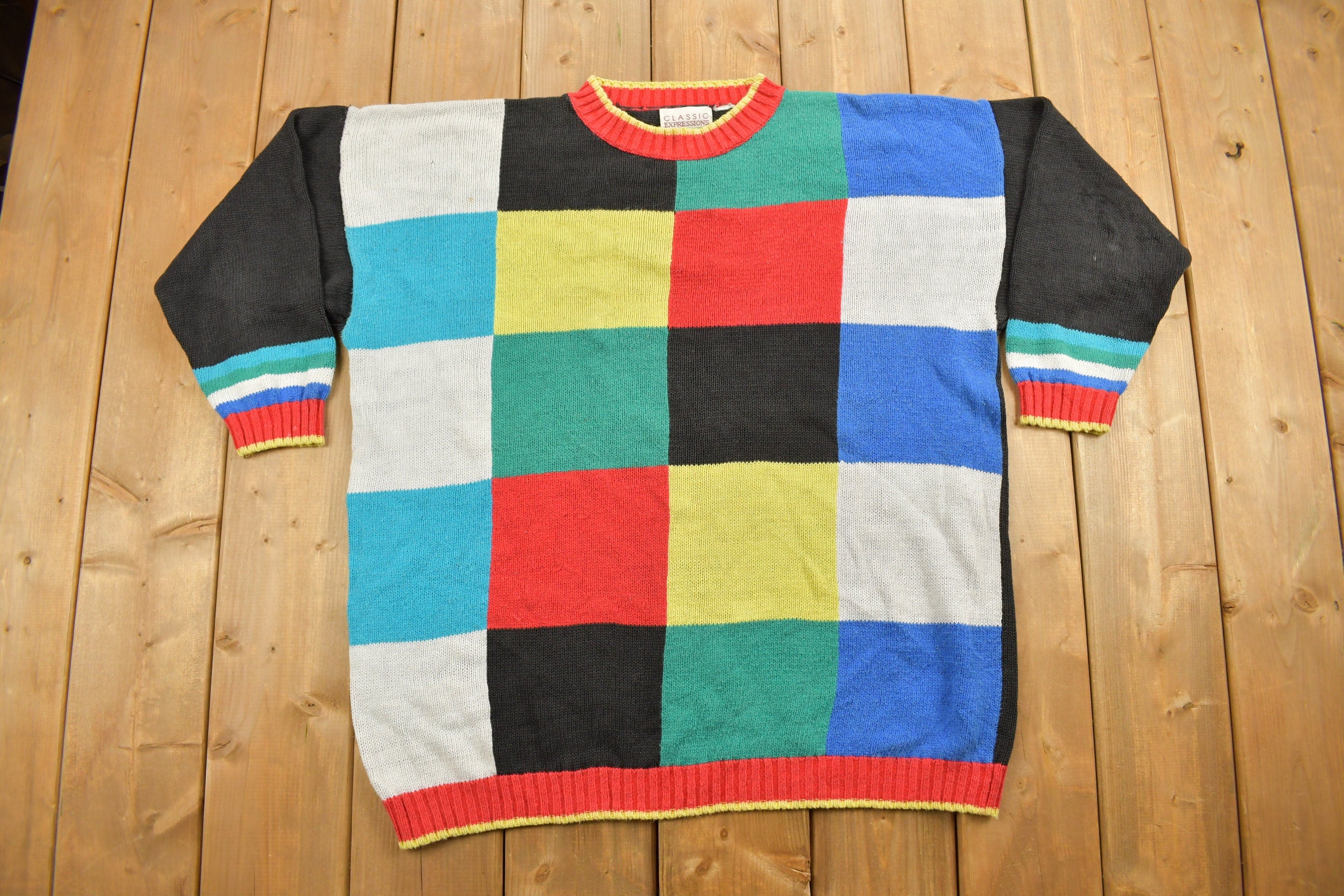Vintage 1990s Color Block Knitted Color Block Crewneck Sweater
