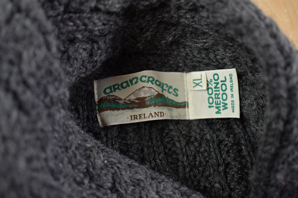 Vintage 1990s Aran Crafts 100% Wool Cable Knit Shawl Collar Long Cardigan Sweater - Made in Ireland