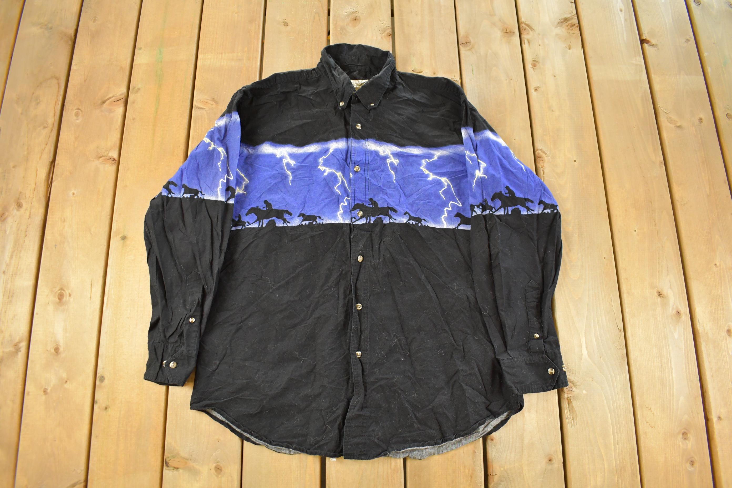 Vintage 1990s Express Rider Western Shirt Horse Theme Pearl Snap Button Up Shirt Men's Large  Vintage Cowboy Shirt  Rodeo Shirt