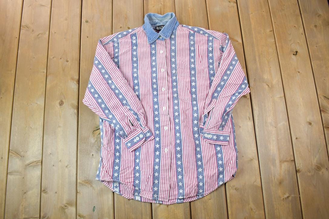 Vintage 1990s Lemon Grass All Over Print American Flag Button Up Shirt / 1990s Button Up / Vintage Flannel / Basic Button Up