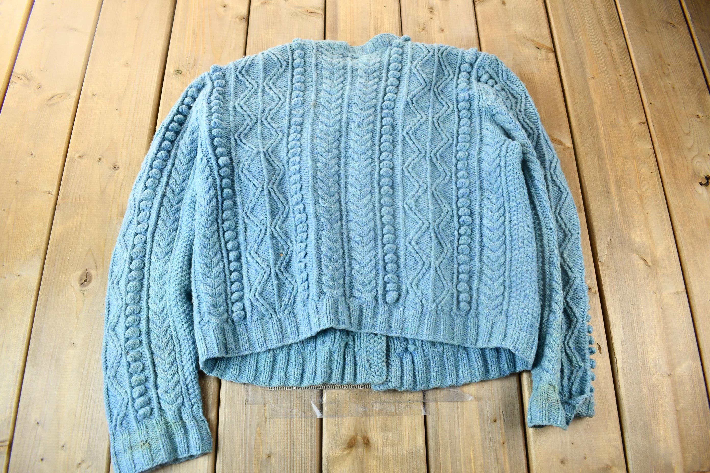 Vintage 1990s Blue Cable Knit Cardigan Sweater /