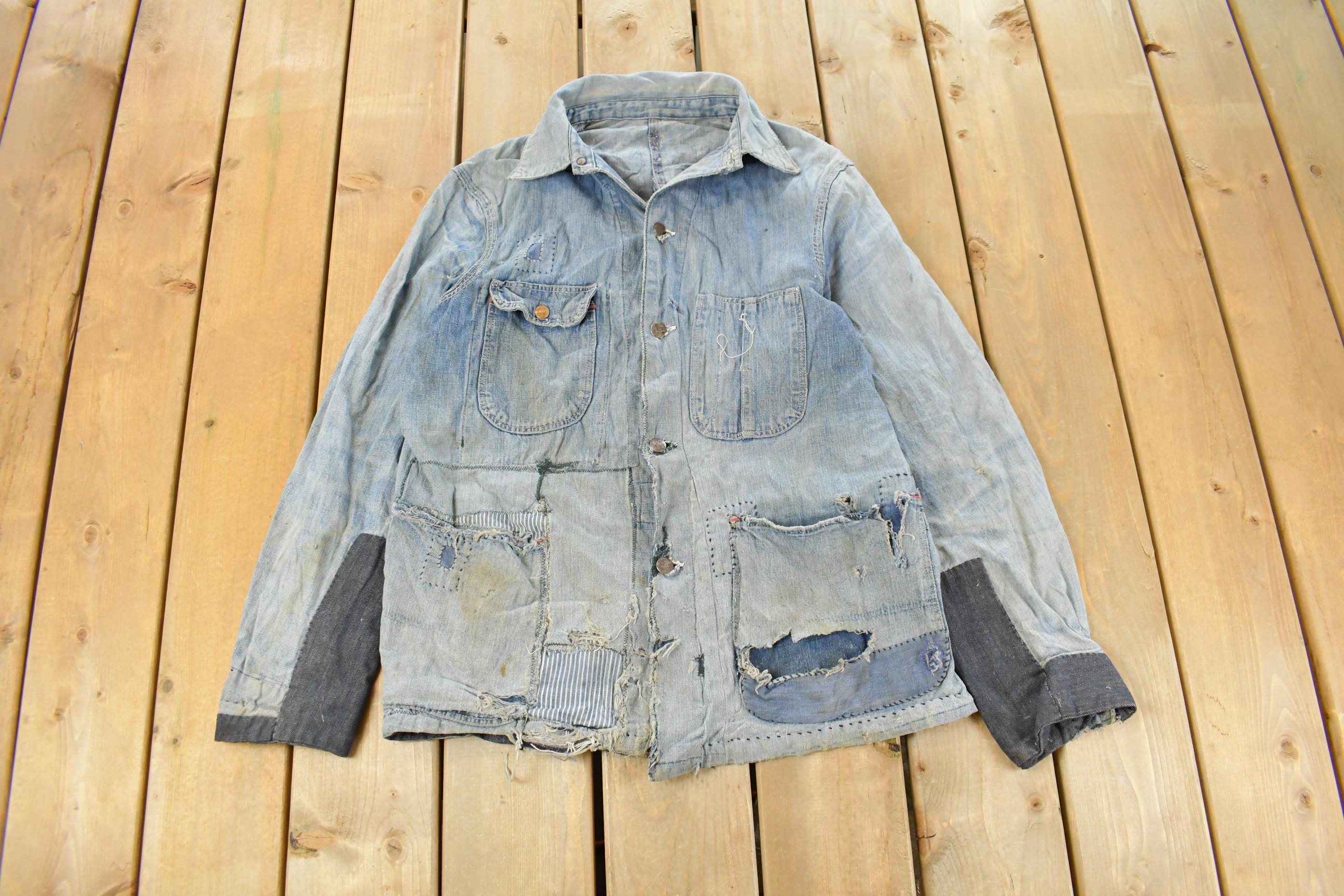 Vintage 1950s Sanforized Denim Thrashed Distressed Denim Button Up Shirt Men's Medium