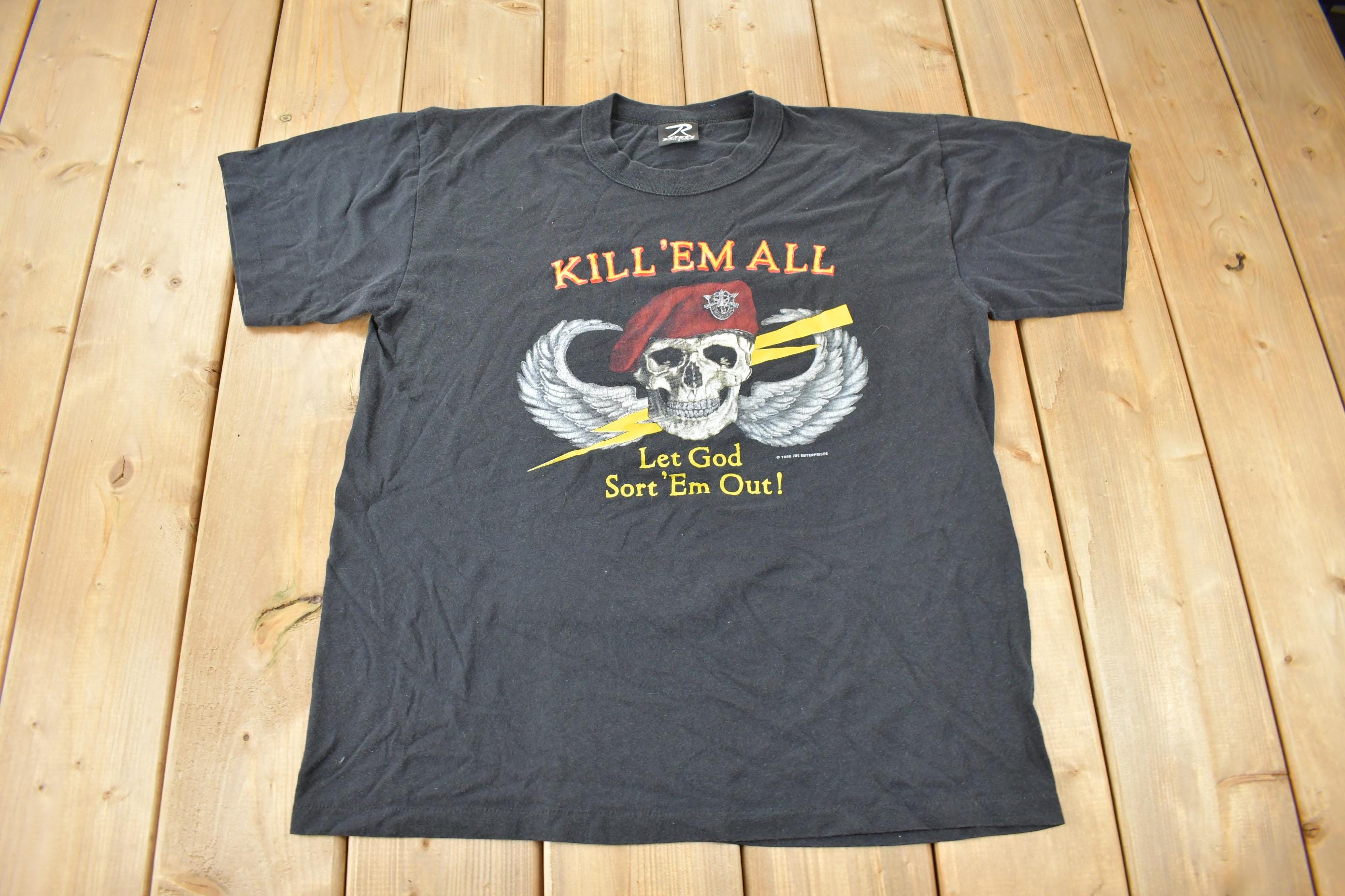 Vintage 1986 Military Skull Graphic Single Stitch T-Shirt Made In USA