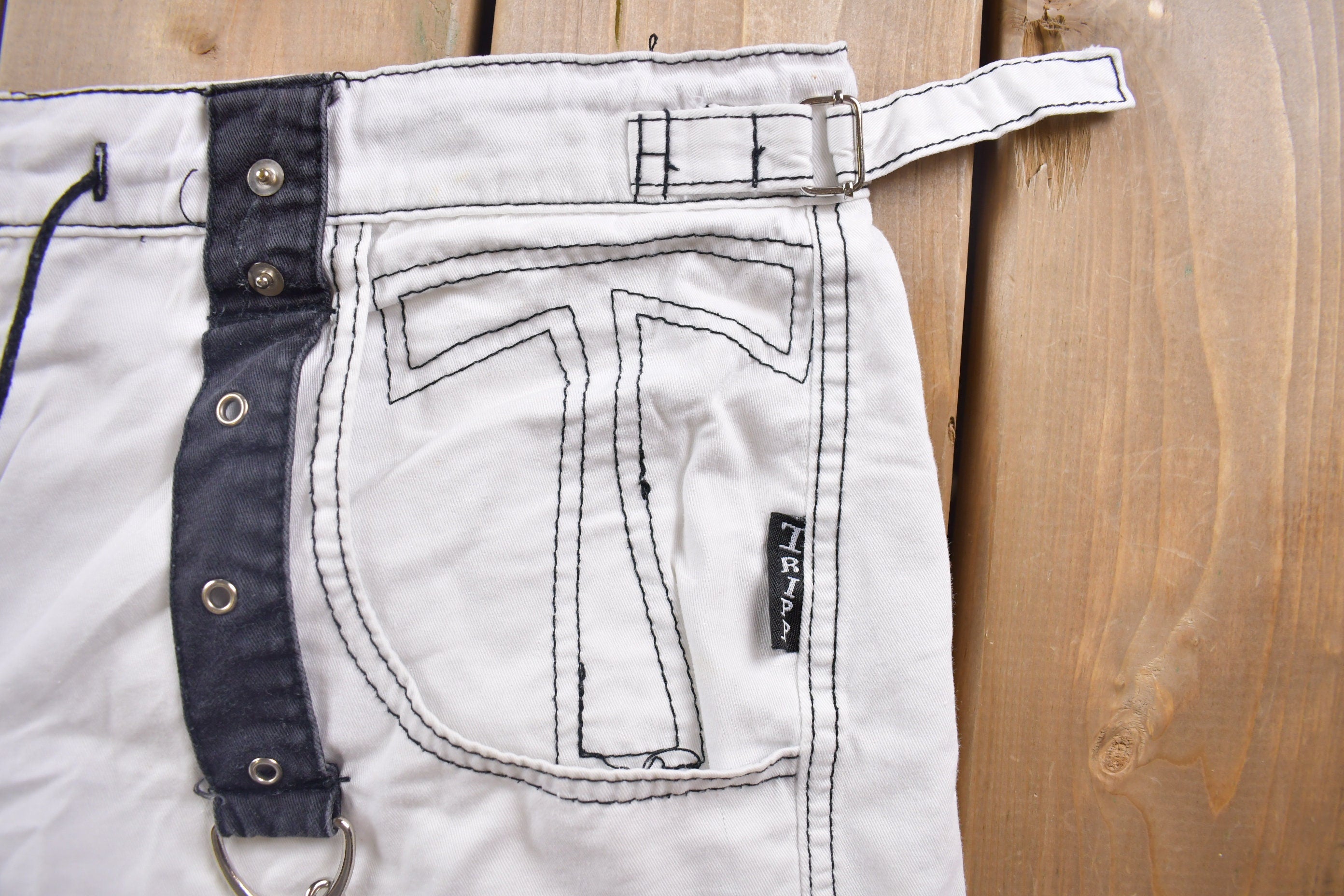 Vintage 1990s Trip NYC Straps & Chains Jean Shorts 38 x 15  90s Shorts  Streetwear Fashion  Bottoms  Light Wash  Vintage Jeans Jorts