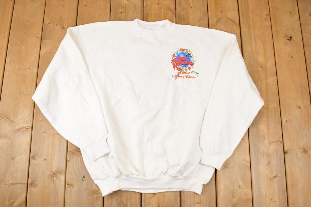 Vintage 1990s Planet Hollywood Arnold Schwarzenegger Graphic Print Christmas Tree Crewneck Sweatshirt Mens XL