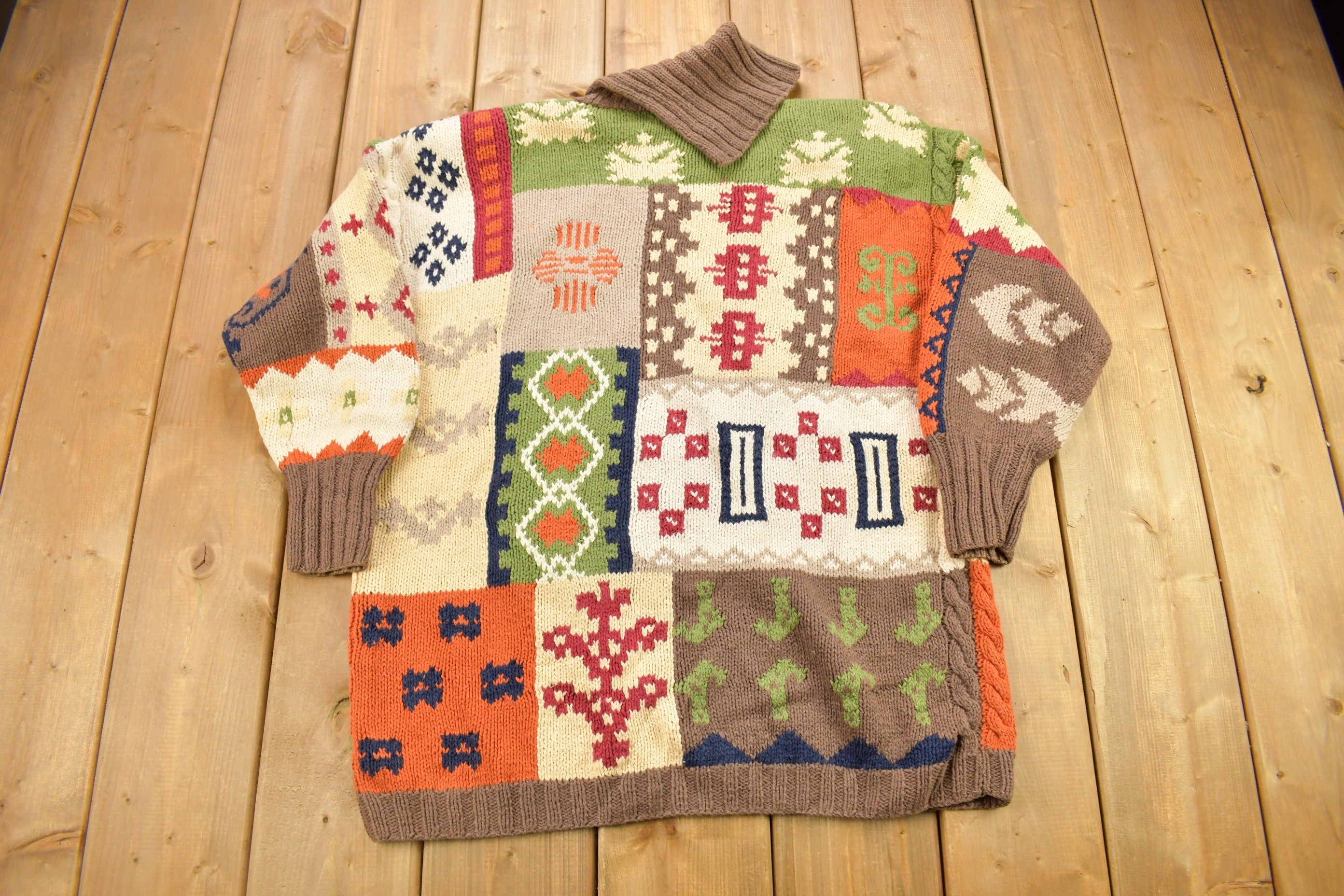 Vintage 1990s Hunt Club Fall Colourway Patch Work Pattern Knitted Crewneck Sweater