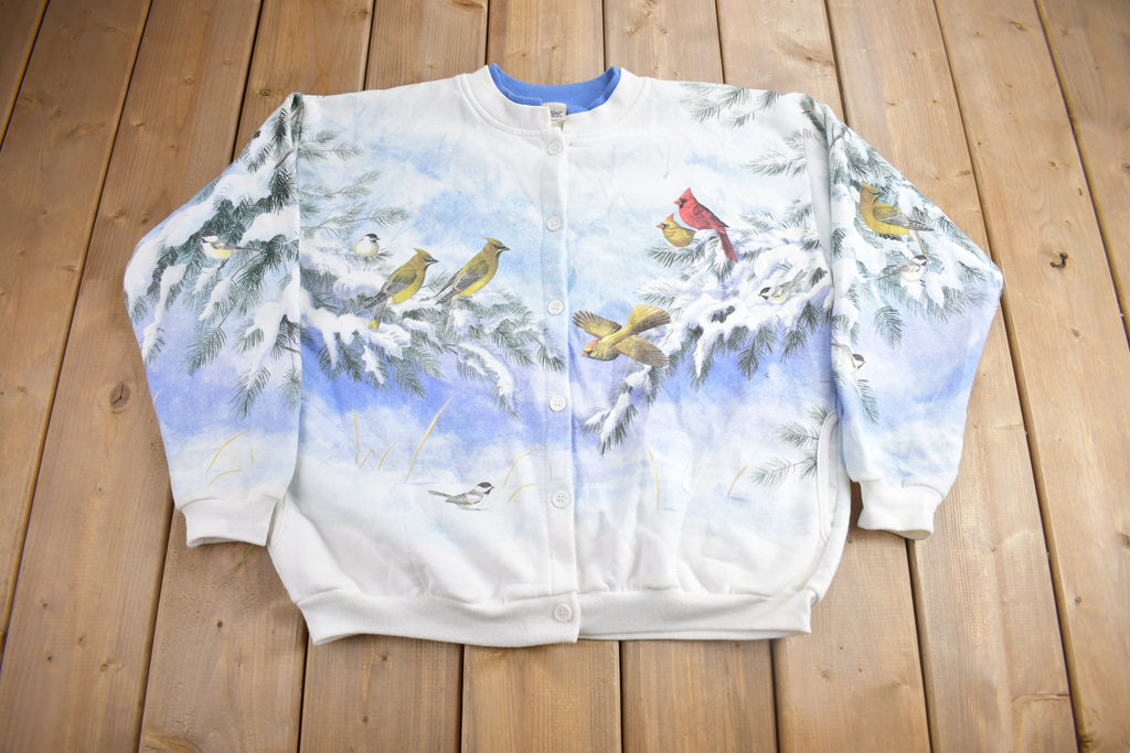 Vintage 1990s Artisans Winter Cardinals Theme All Over Print Button Up Sweater