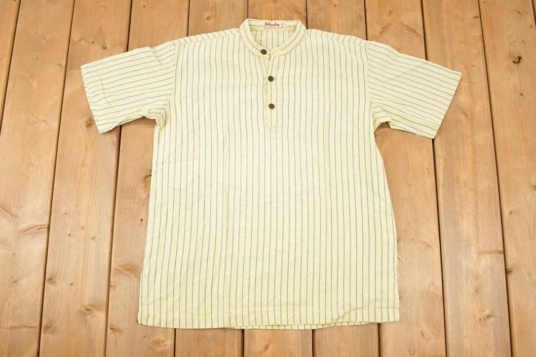 Vintage 1990s Fabindia Souvenir Button Up Striped Travel T-Shirt Men's M  Destination Shirt  90s Single Stitch Graphic Tee  Made in USA