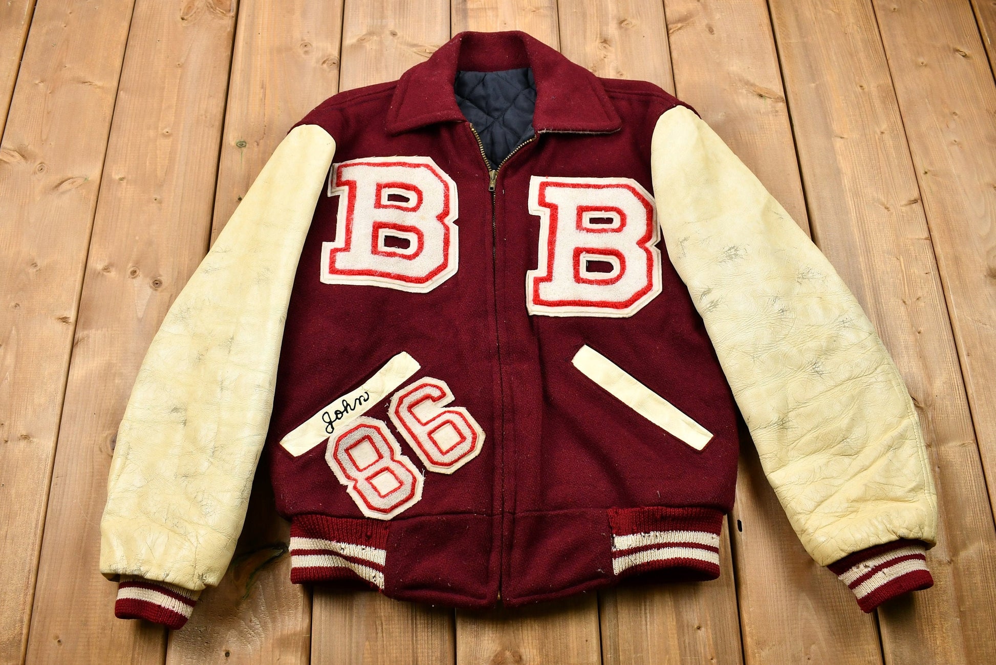 Vintage 1950s Distressed Benet Academy Letterman Varsity Jacket , True Vintage , John , Logan Knitting Mills , Made in USA , Bomber