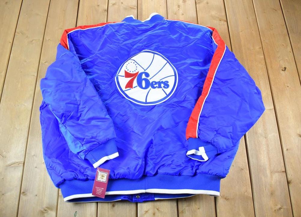 Vintage 1990s Deadstock NBA Hardwood Classics Philadelphia 76ers Satin Button Up Windbreaker Basketball Jacket