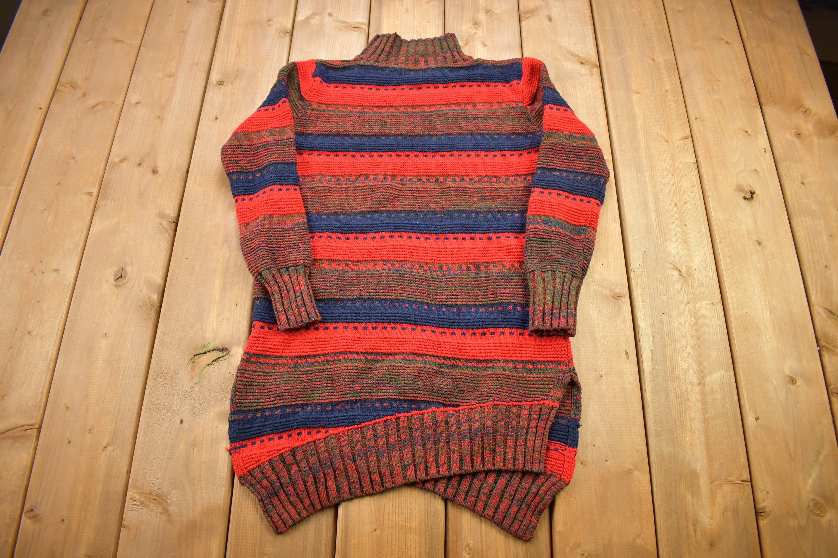Vintage 1990s Long Striped Knitted Turtleneck Sweater / Vintage 90s Knit / All Over Pattern / Colorful Sweatshirt / Abstract Pattern