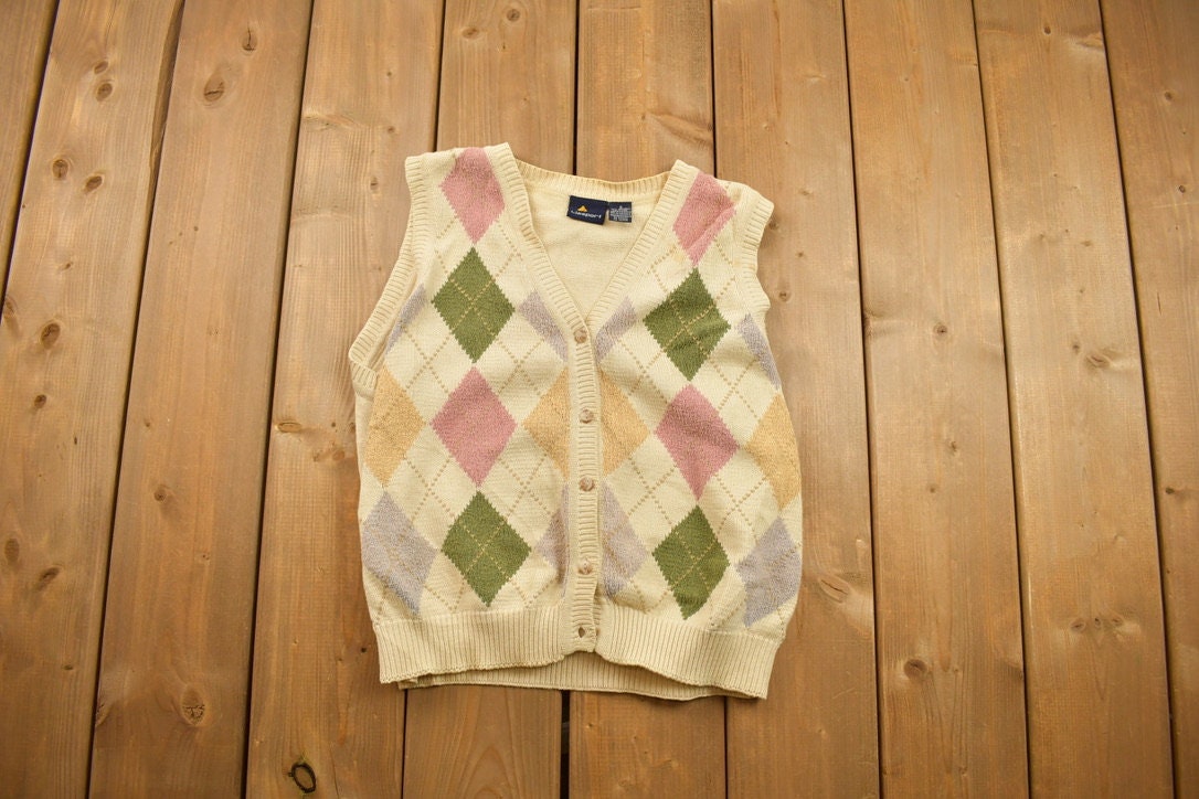 Vintage 1990s Diamond Pattern Knitted Sweater Vest / Vintage 90s Sweater Vest / All Over Pattern / Colorful / Sweatshirt / Abstract Pattern