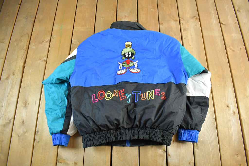 Vintage 1990s Looney Tunes Puffer Jacket Men's Large / Embroidered / Cartoon Print / Marvin the Martian / 90s TV Promo