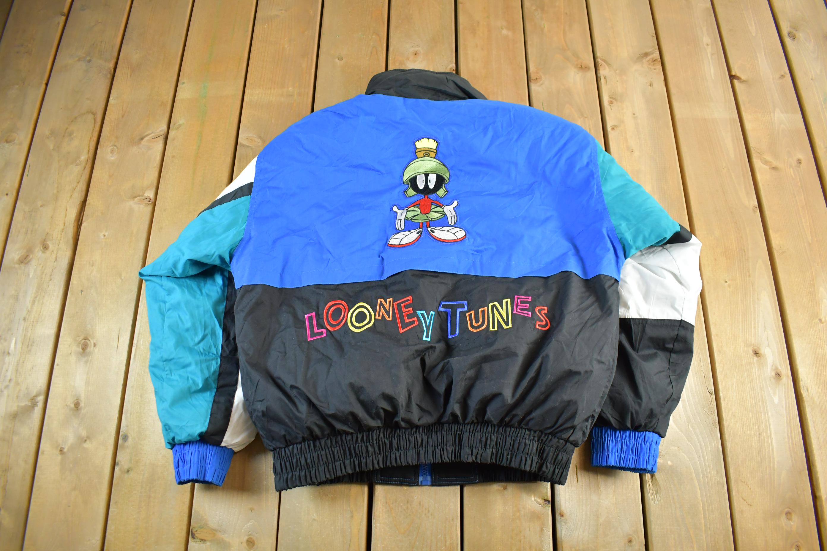 Vintage 1990s Looney Tunes Puffer Jacket Men's Large / Embroidered / Cartoon Print / Marvin the Martian / 90s TV Promo