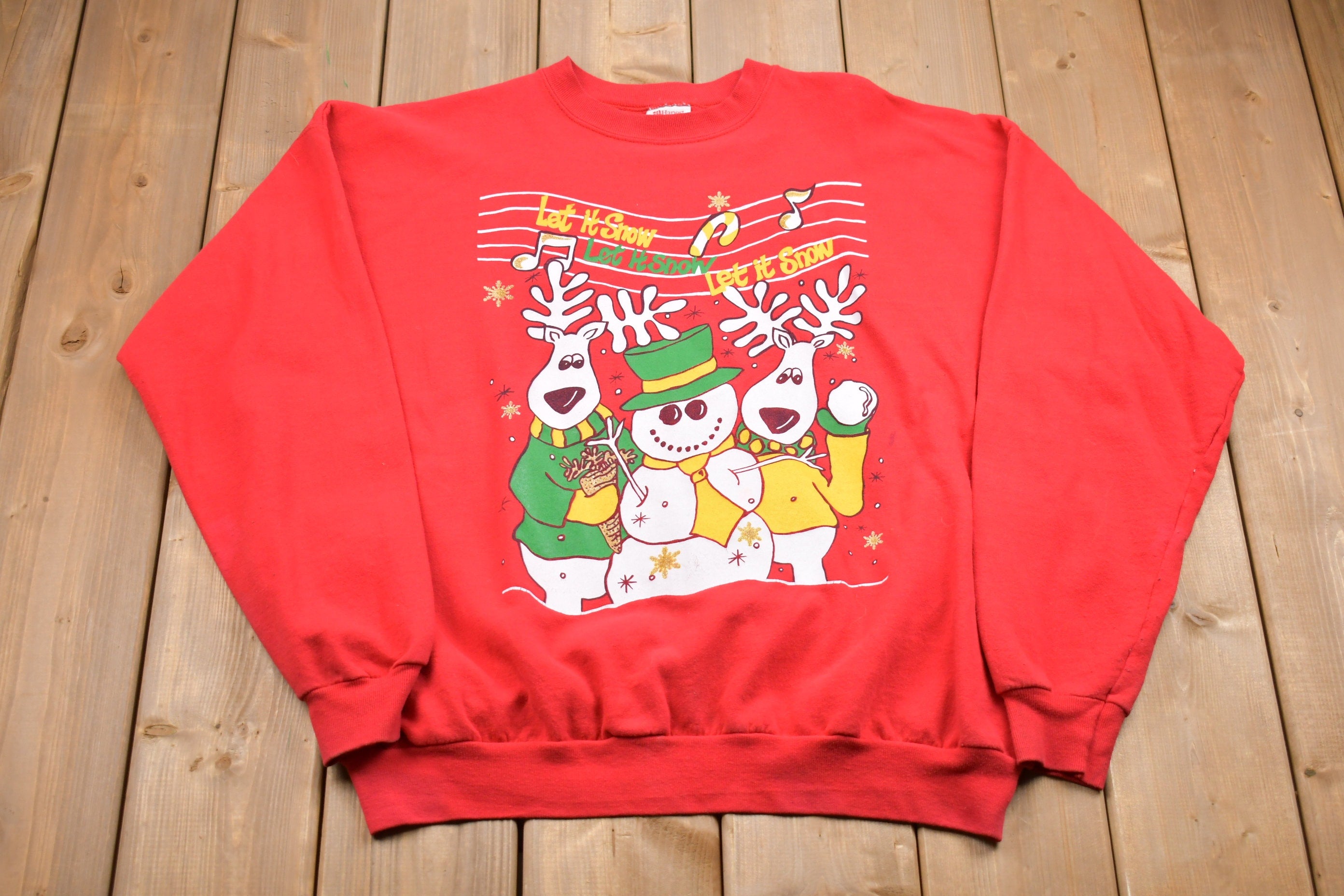 Vintage 1990s "Let It Snow" Cute Animal Christmas Sweatshirt , 90s Holiday Crewneck , Winter Wear , Festive Graphic , Snowman Reindeer Print
