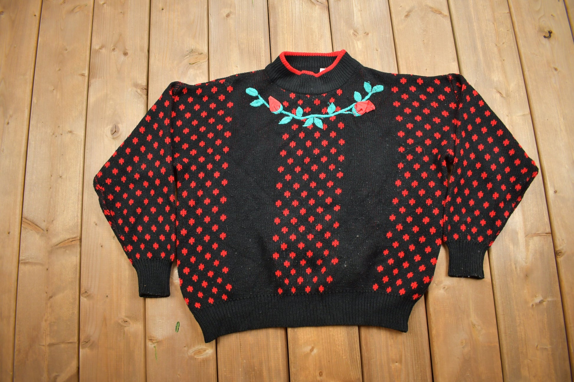 Vintage 1990's Basket Yarn Womens Floral Knit Mock Neck Sweater