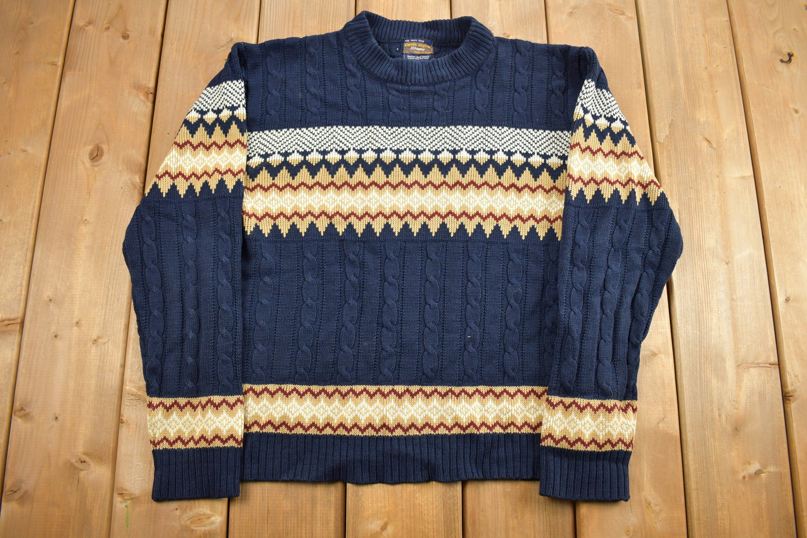 Vintage 1990s Navy Blue Knit Crewneck Sweater / Vintage 90s Crewneck / All Over Pattern / Colorful Sweatshirt / Abstract Pattern