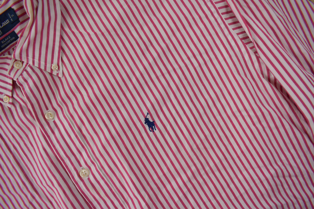 Vintage 1990s Ralph Lauren Pink Striped Button Up Blake Dress Shirt Size XXL