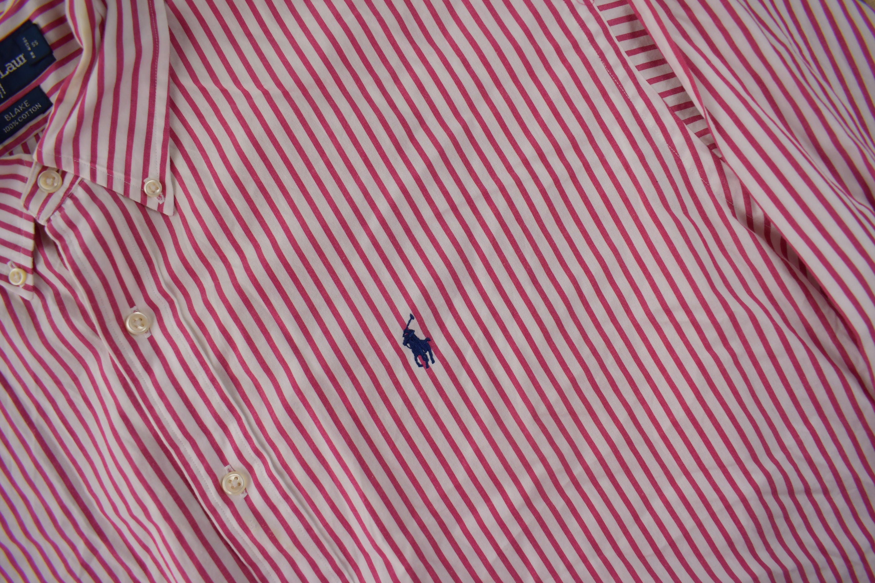 Vintage 1990s Ralph Lauren Pink Striped Button Up Blake Dress Shirt Size XXL
