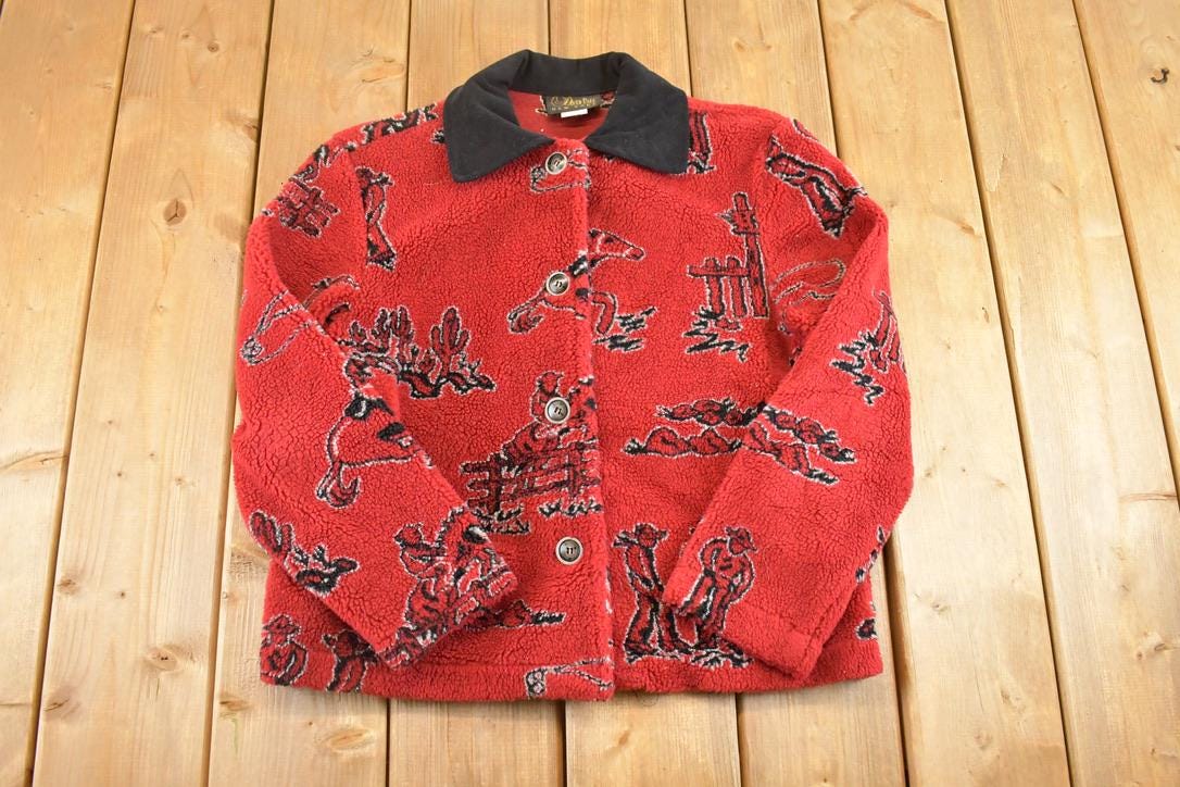 Vintage 1990s David Paul AOP Fleece Full Zip Sweater Women's S
