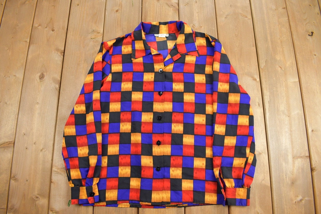 Vintage 1990s Notations Petite Colorful Checkerboard Print Button Up Shirt / Abstract Pattern / Casual Shirt / Party Shirt / Womens Shirt /