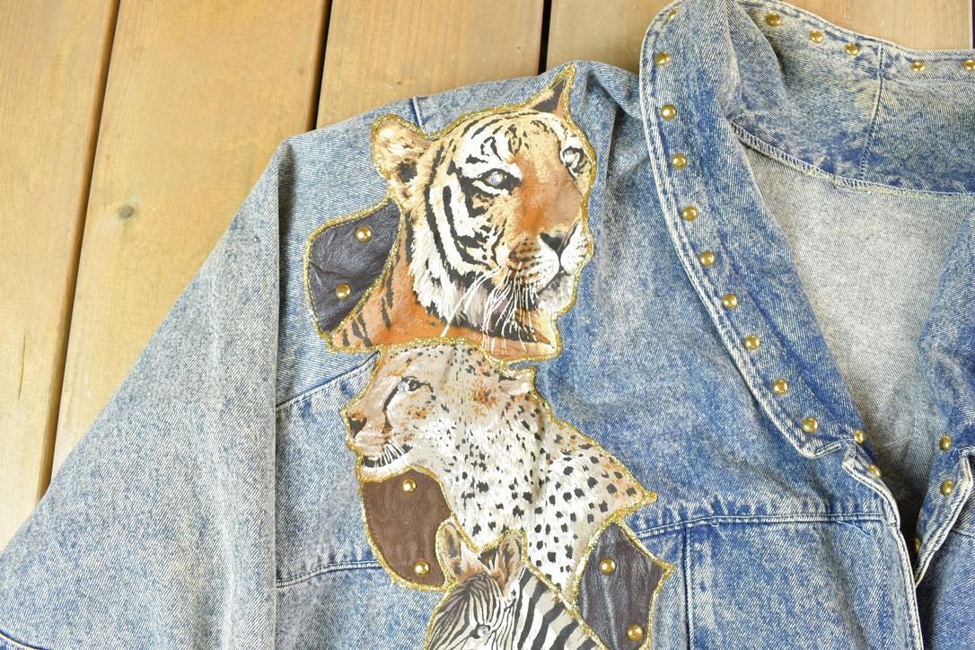 Vintage 1980s Studded Tigers and Leopards Jean Jacket Made In USA