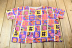 Vintage 1990s Colourful Women's Abstract Patterned All-Over-Print Pearl Button Graphic T-Shirt