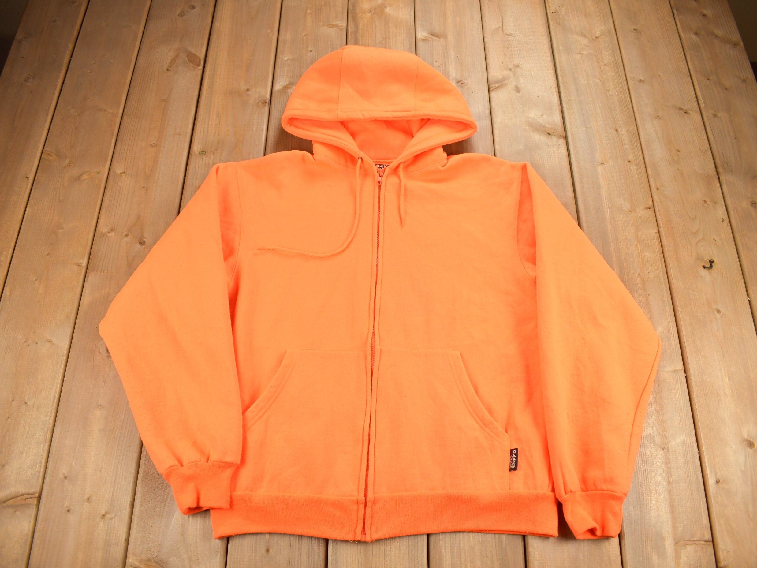 Vintage 1990s Blank Orange Zip Up Hoodie / Hi-Vis Hoodie / Vintage Sweater / 90s / Guide Series