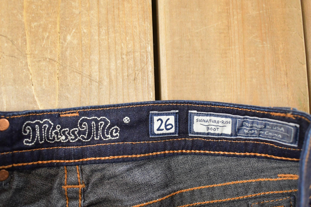 Vintage Deadstock Y2K Miss Me Bedazzled Low Rise Jeans Women's Size 26x31 / Boot Cut Jeans / 2000's Embroidered Contrast Stitched Denim