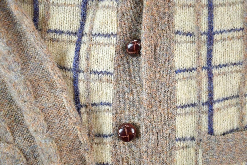Vintage 1980s Alan Flusser 100% Wool Plaid Knit Perfect Mild Distress Cardigan Sweater Made In USA