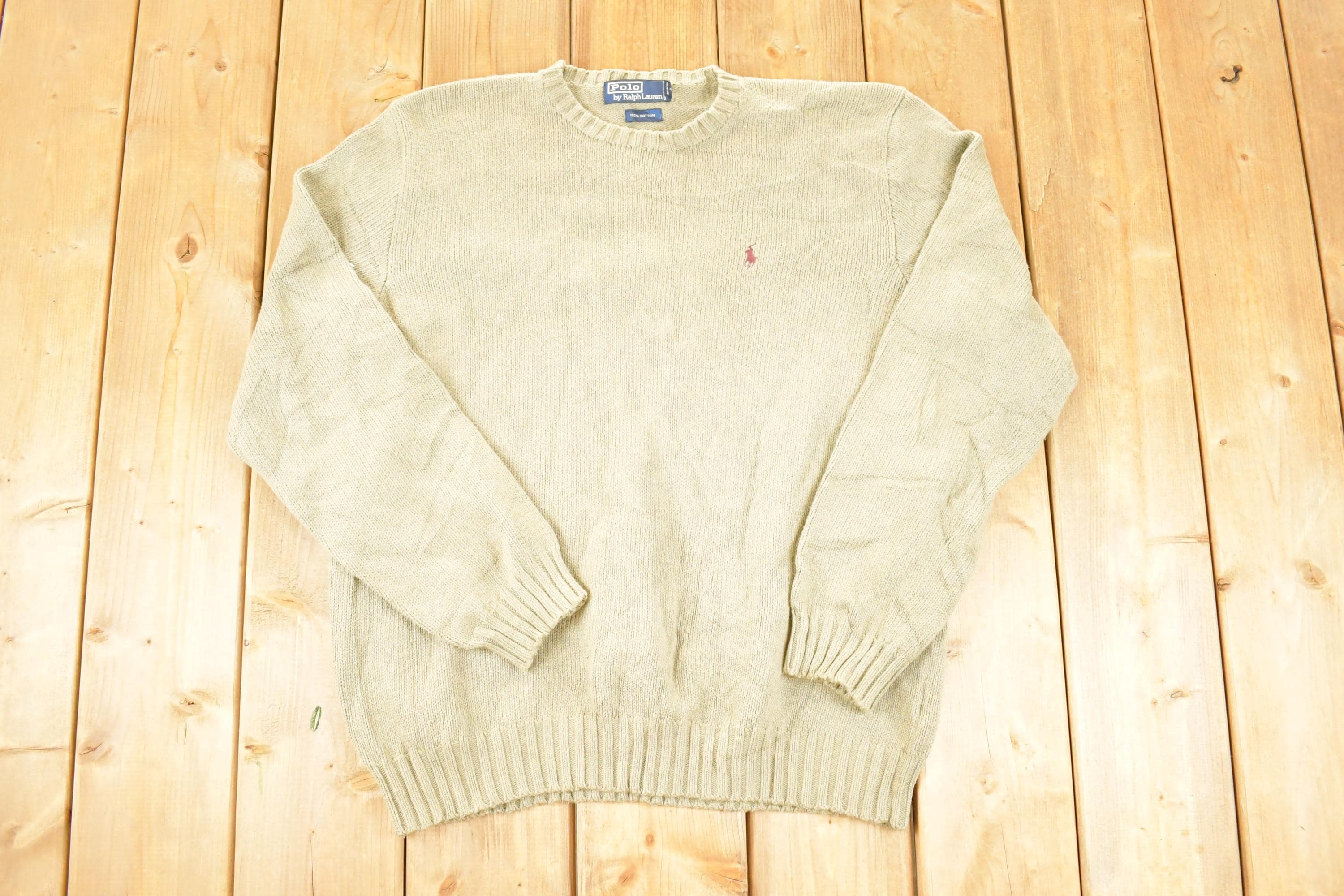 Vintage 1990s Polo By Ralph Lauren Tan Knit Crewneck Sweater Mens L