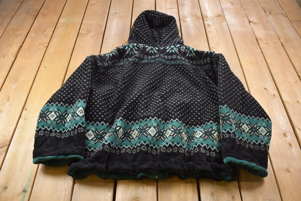 Vintage 1990s Winter Themed All Over Zip Up Fleece Sweater
