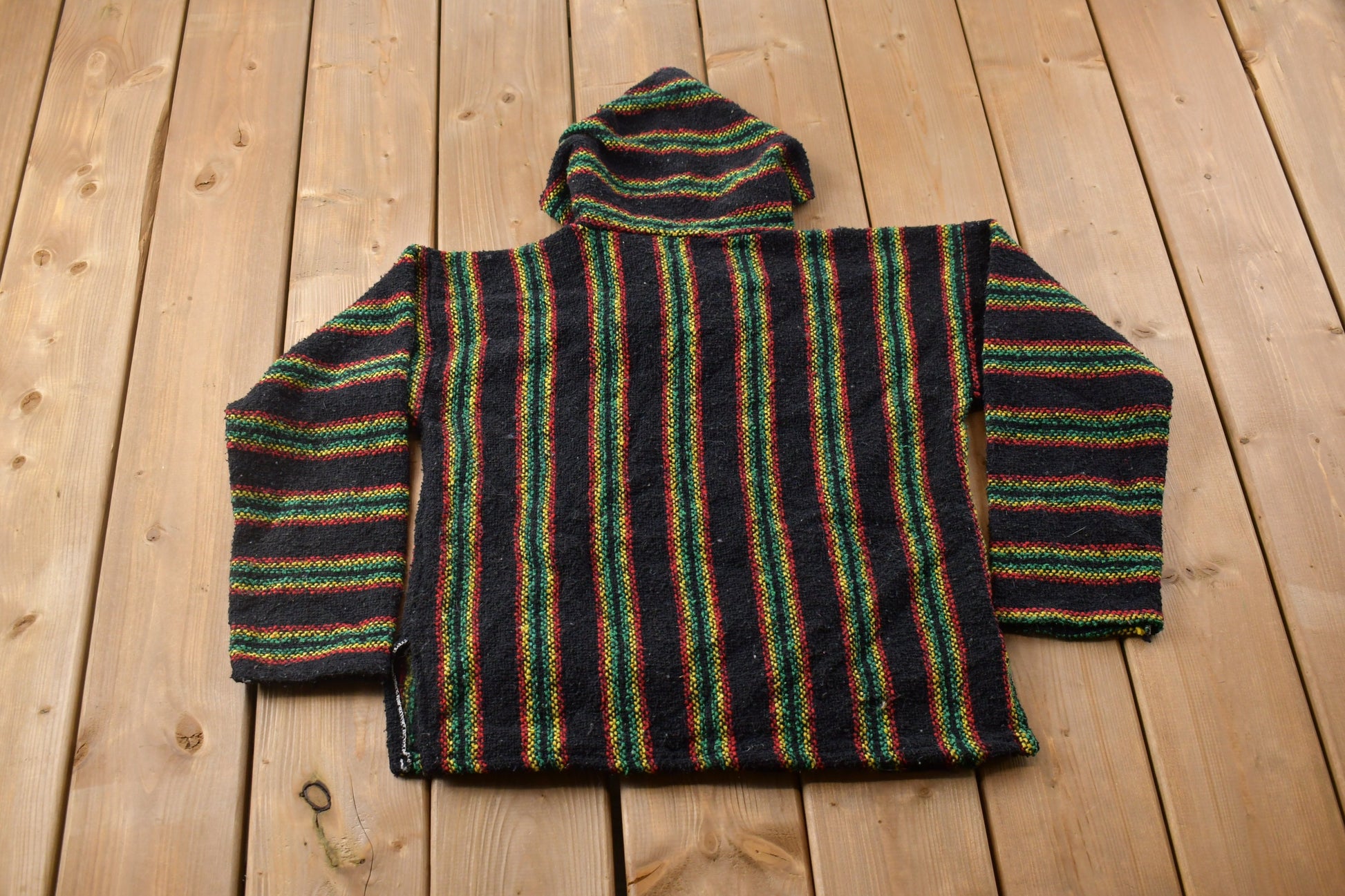 Vintage 1990s Baja Hooded Pullover Striped Knit Poncho Blanket Hoodie