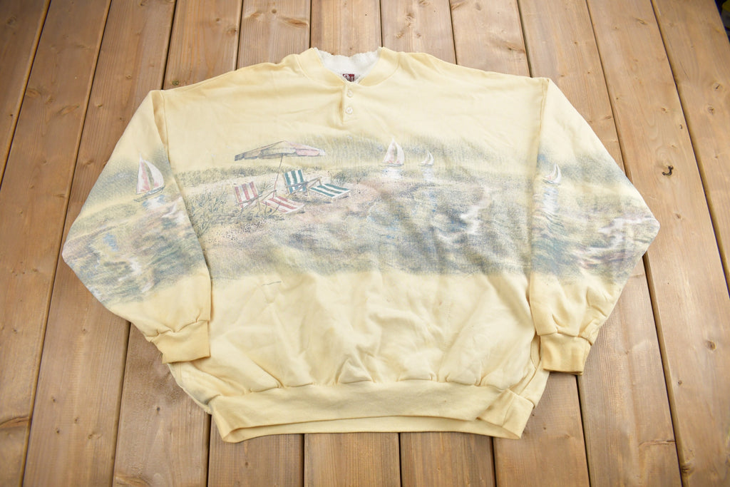 Vintage 1990s Beach Theme All Over Print Henley Sweater