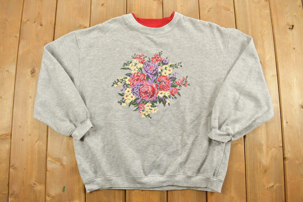 Vintage 1990s Basic Editions Double Collar Floral Graphic Crewneck Sweatshirt