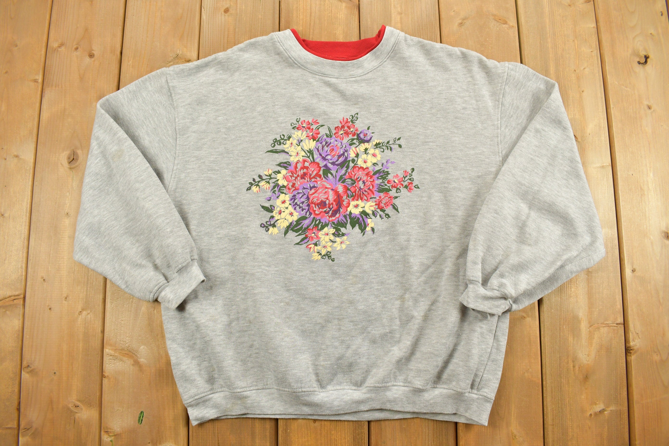 Vintage 1990s Basic Editions Double Collar Floral Graphic Crewneck Sweatshirt /