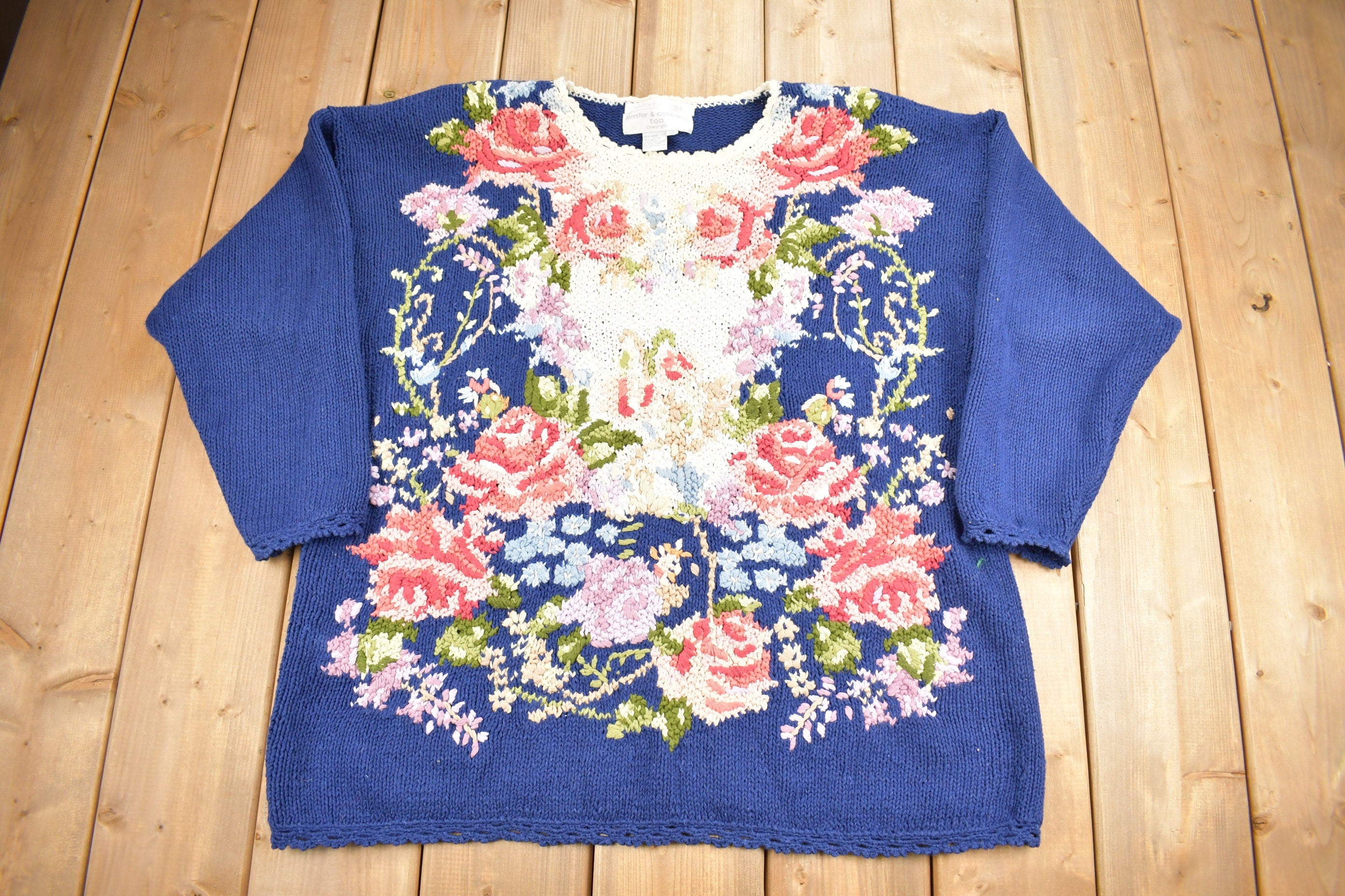Vintage 1990s Jennifer & Co Floral Theme Hand Knit Sweater