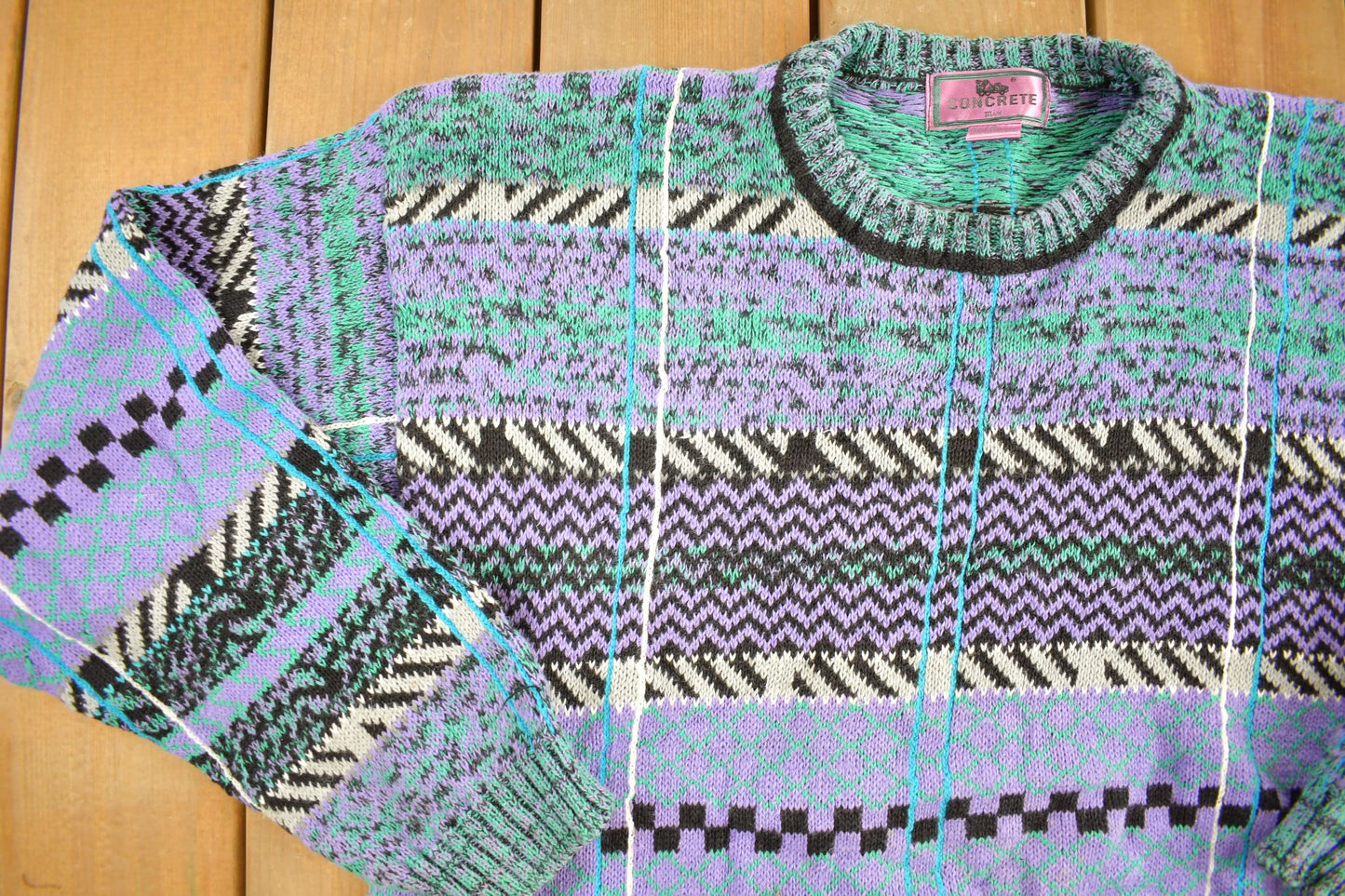 Vintage 1980s Concrete Knitted Sweater / Vintage 80s Crewneck / Pattern Sweater / Outdoor / Hand Knit / Pullover Sweatshirt