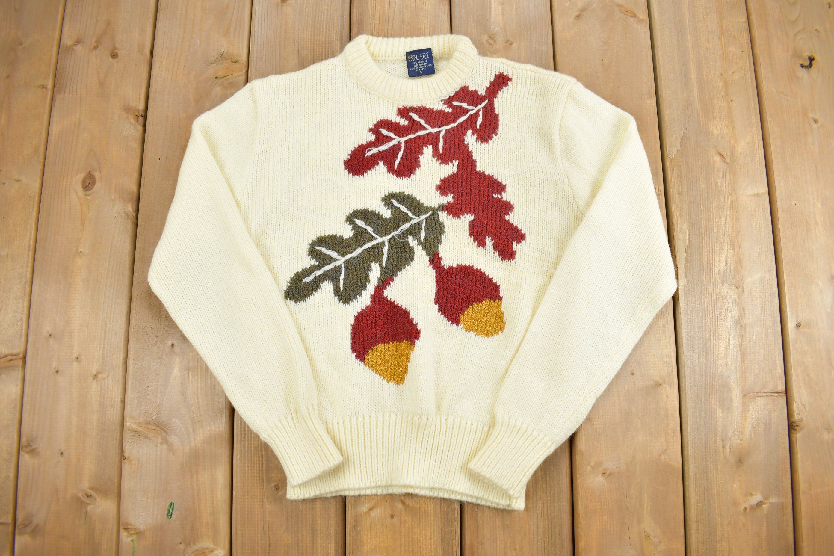 Vintage 1980s Mi Ki Leaf Theme Knit Crewneck Sweater