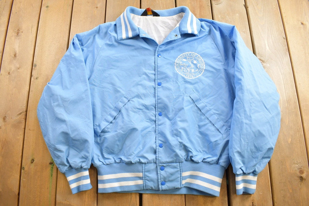 Vintage 1970s University Of Okoboji Satin Bomber Jacket Streetwear Souvenir Jacket
