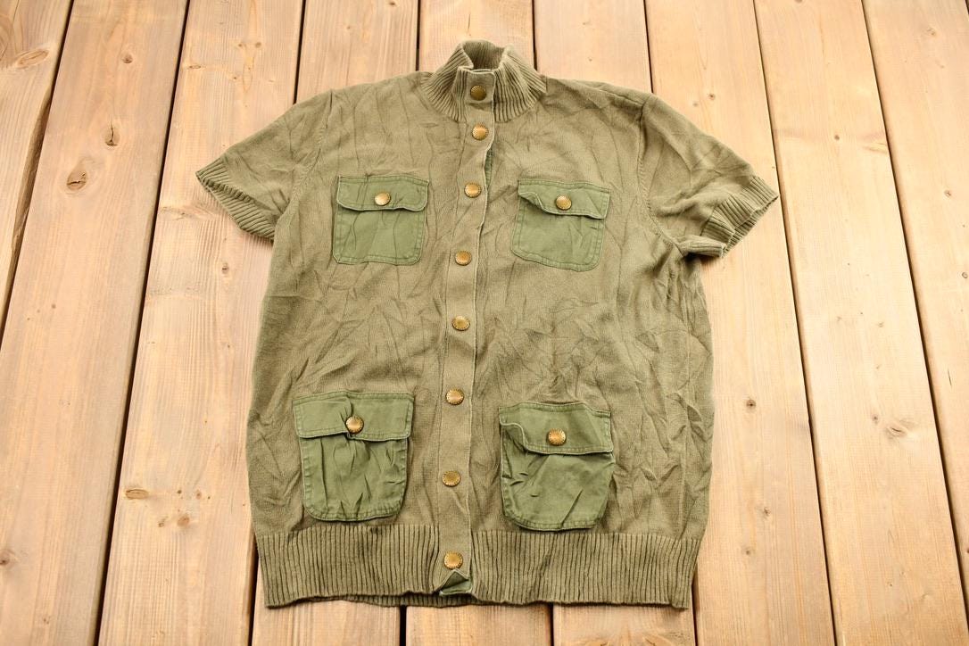 Vintage 1990s Women's Ralph Lauren Olive Drab Green Knit Short Sleeve Button Up Sweater