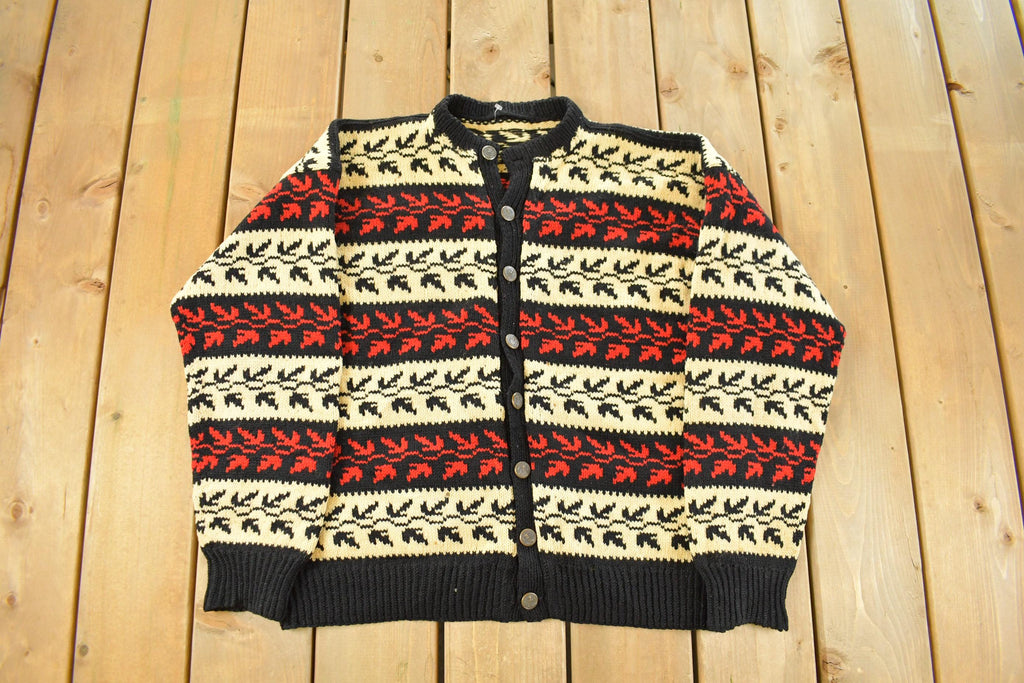 Vintage 1970s Leaves All Over Print Knit Cardigan Sweater Women's Large