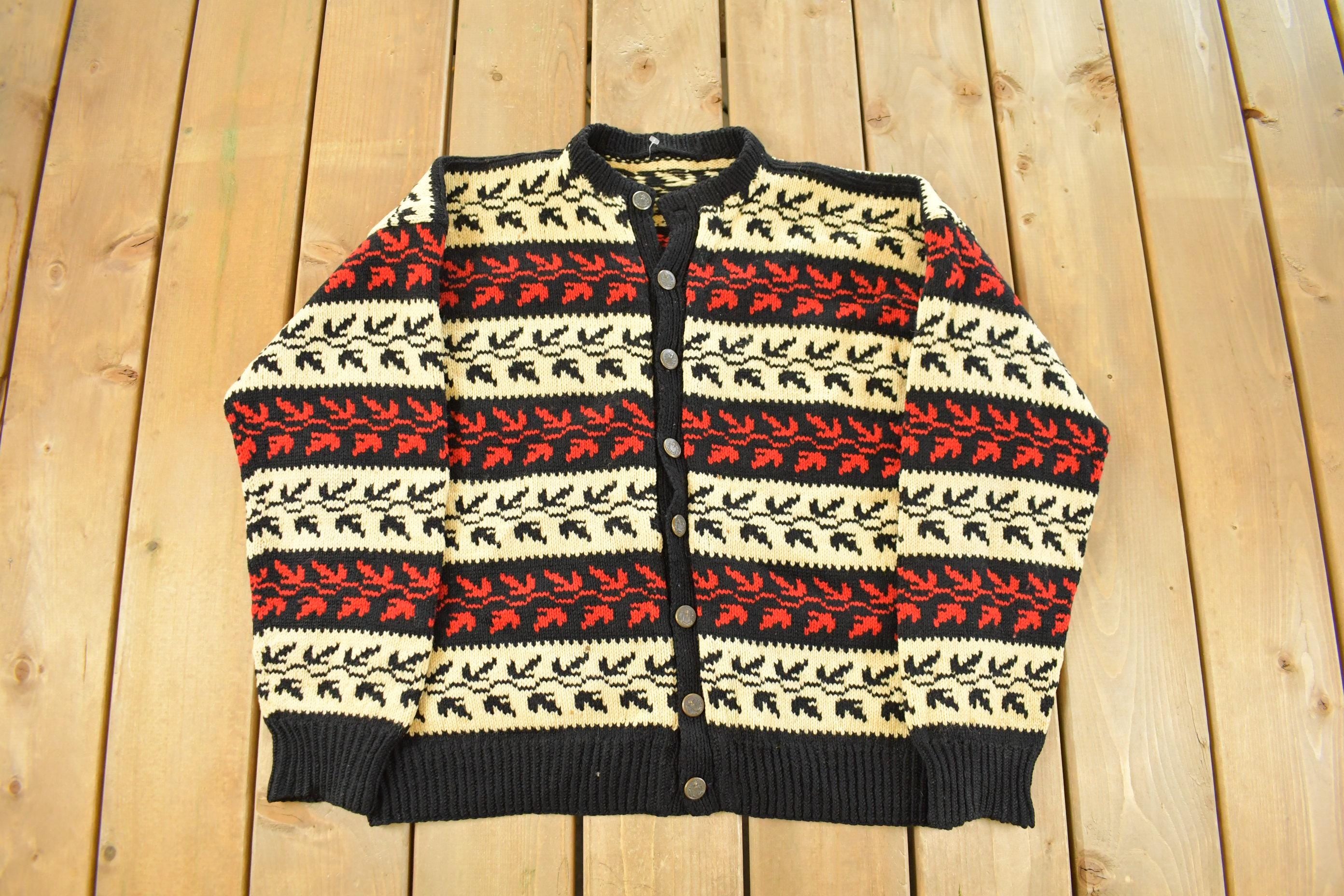 Vintage 1970s Leaves All Over Print Knit Cardigan Sweater Women's Large