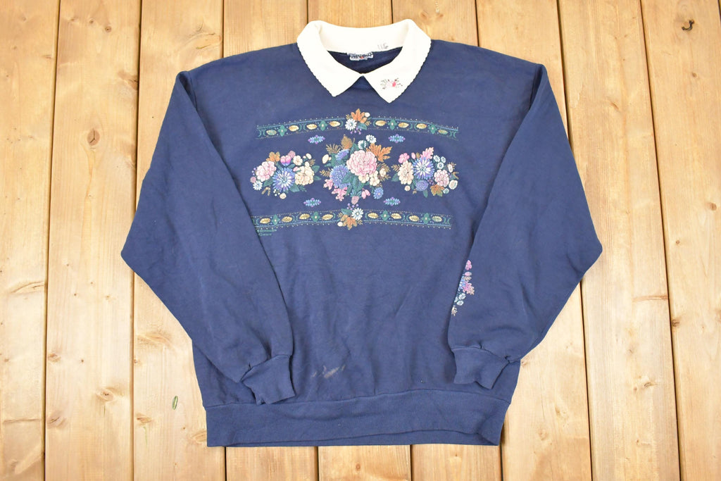 Vintage 1990s Floral Graphic Print Collared Sweatshirt Women's L