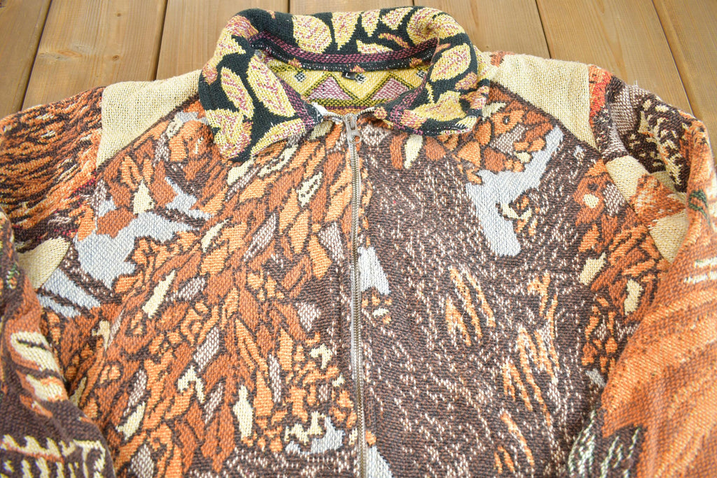 Vintage 1990s Embroidered All Over Print Zip Up Sweater Jacket - Large