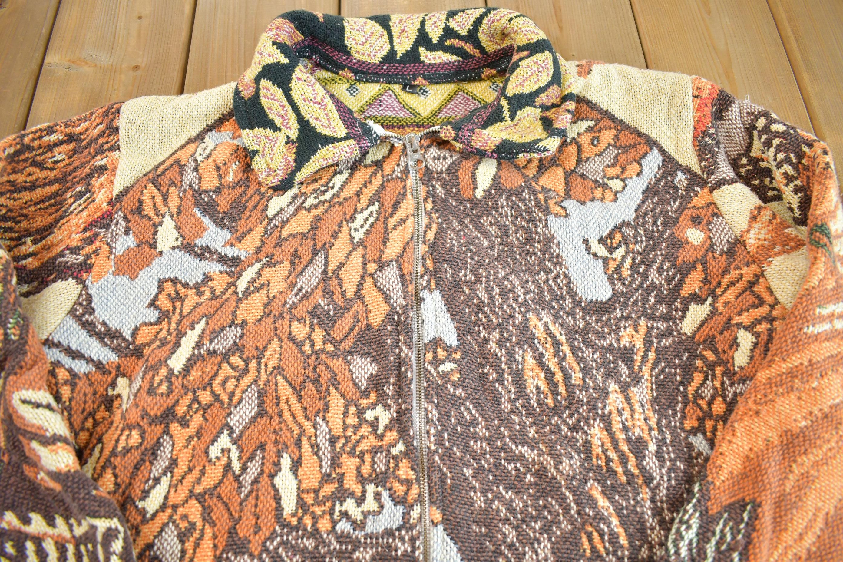 Vintage 1990s Embroidered All Over Print Zip Up Sweater Jacket - Large